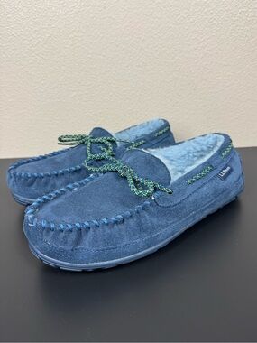 L.L.Bean Sherpa Moccasin Slippers Shoes with Rubber Soles Navy EUC